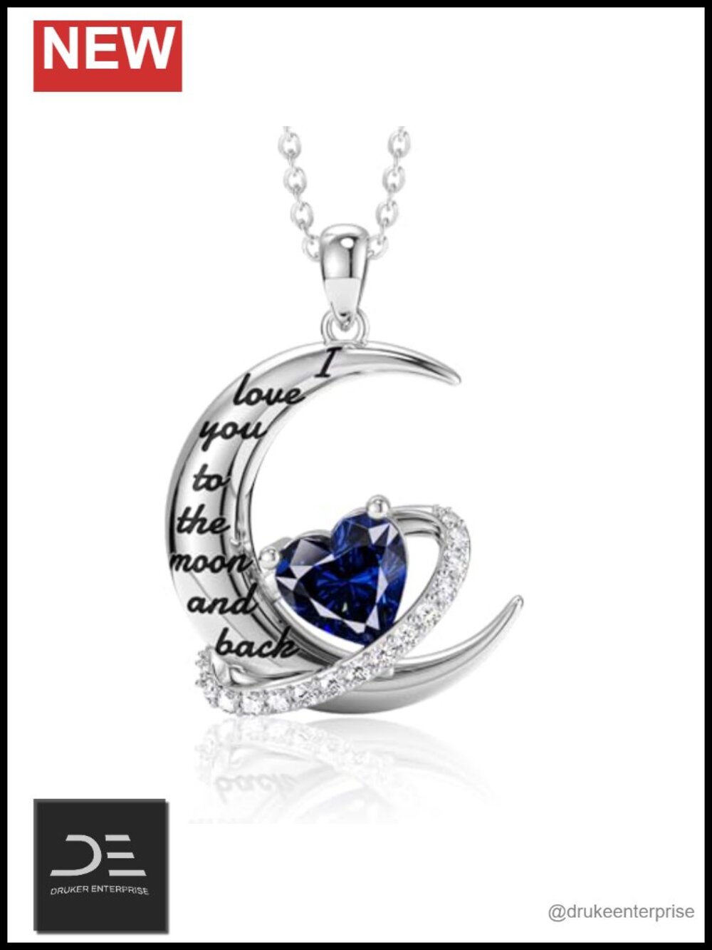925 Sterling Silver Moon & Back Pendant Necklace, Heart Birthstone Jewelry Gift